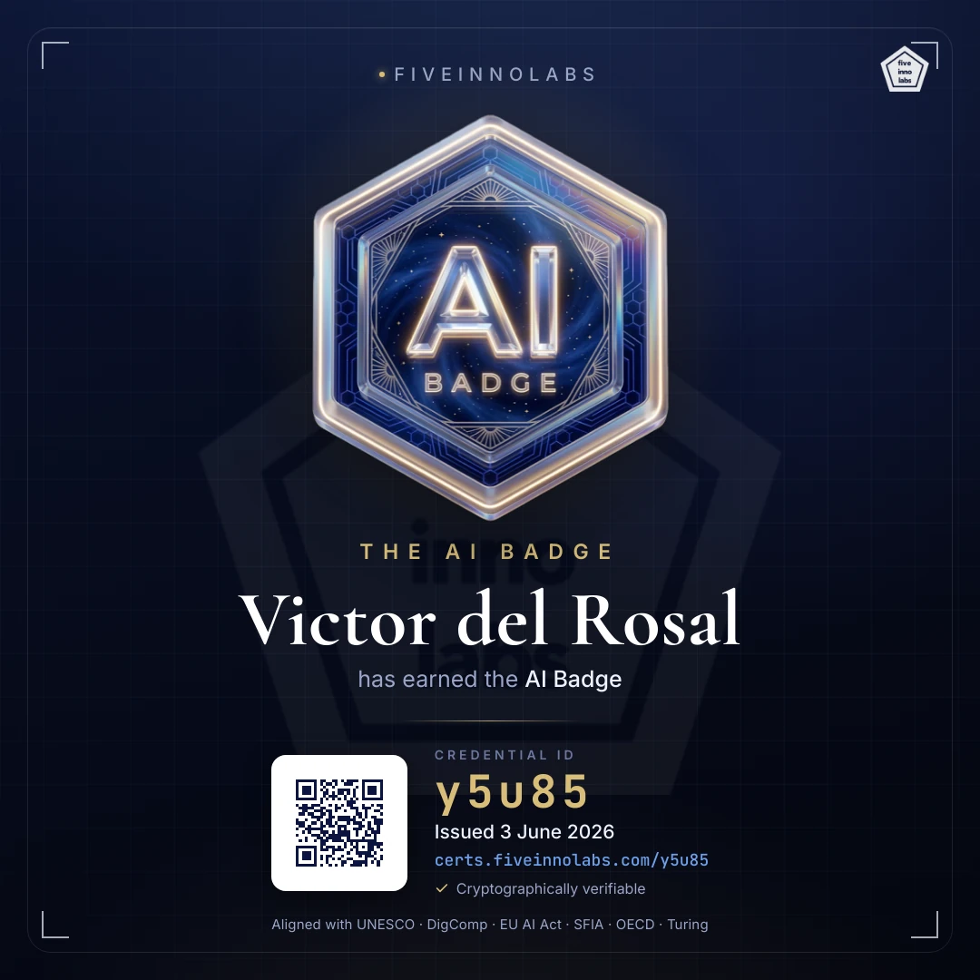 The issued AI Badge certificate for Victor del Rosal, credential y5u85, issued 3 June 2026, with a QR code to certs.fiveinnolabs.com/y5u85