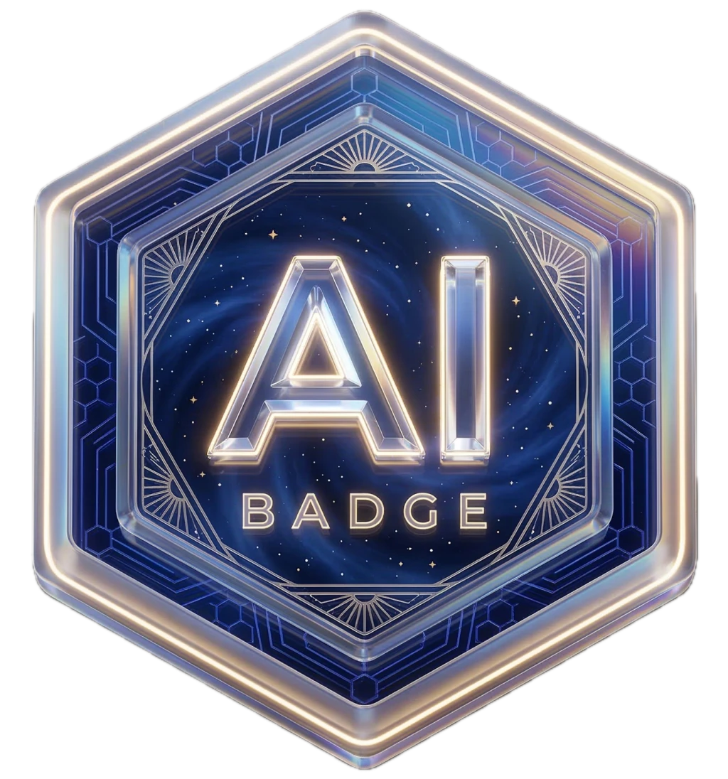 The AI Badge: a glass hexagon with glowing AI lettering over a blue galaxy, the word BADGE beneath
